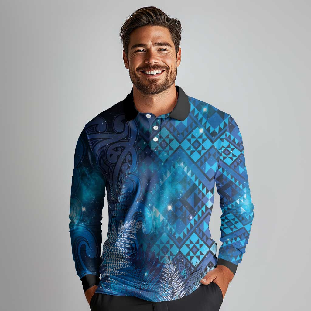 Aotearoa Taniko Matariki Long Sleeve Polo Shirt Cosmic Blue LT7 - Polynesian Pride