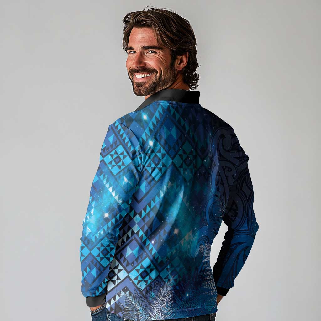 Aotearoa Taniko Matariki Long Sleeve Polo Shirt Cosmic Blue LT7 - Polynesian Pride