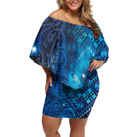 Aotearoa Taniko Matariki Off Shoulder Short Dress Cosmic Blue LT7 Women Blue - Polynesian Pride