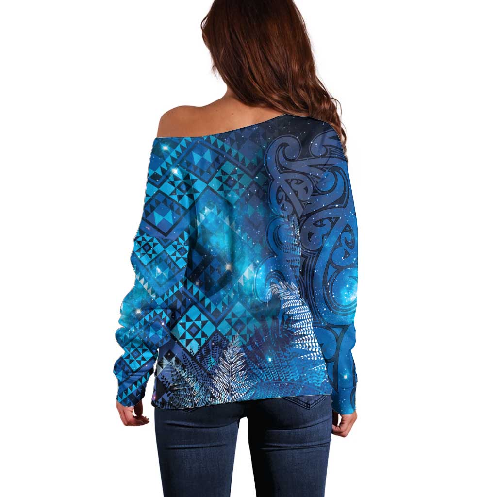 Aotearoa Taniko Matariki Off Shoulder Sweater Cosmic Blue LT7 - Polynesian Pride