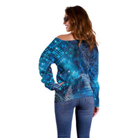 Aotearoa Taniko Matariki Off Shoulder Sweater Cosmic Blue LT7 - Polynesian Pride