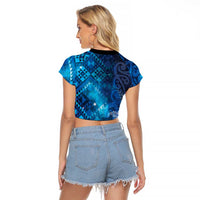 Aotearoa Taniko Matariki Raglan Cropped T Shirt Cosmic Blue LT7 - Polynesian Pride