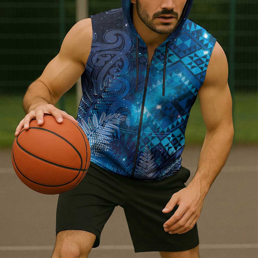 Aotearoa Taniko Matariki Sleeveless Zip Hoodie Cosmic Blue LT7 - Polynesian Pride