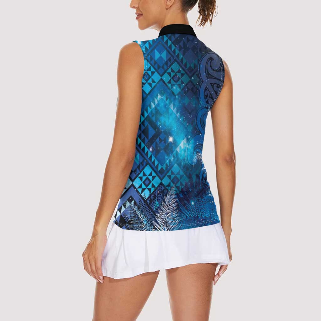 Aotearoa Taniko Matariki Women Sleeveless Polo Shirt Cosmic Blue LT7 - Polynesian Pride