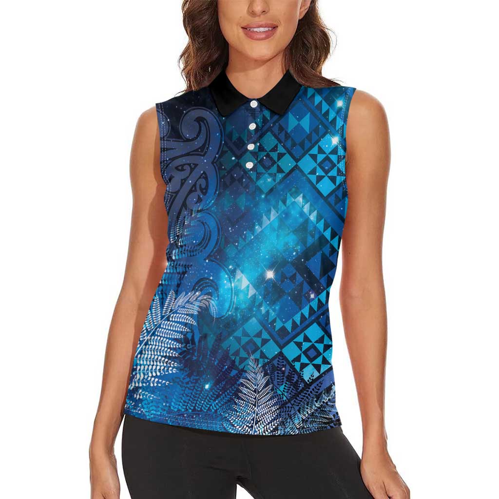 Aotearoa Taniko Matariki Women Sleeveless Polo Shirt Cosmic Blue LT7 - Polynesian Pride