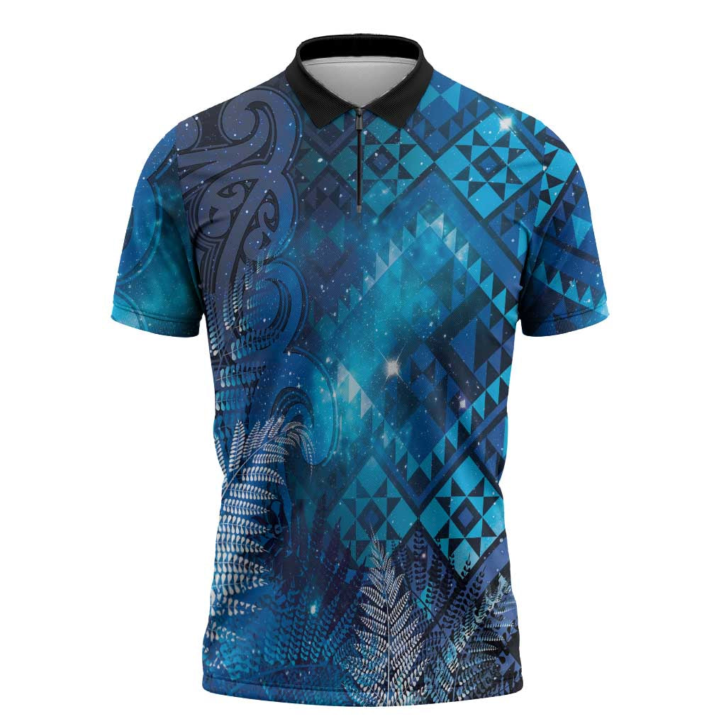 Aotearoa Taniko Matariki Zipper Polo Shirt Cosmic Blue LT7 Blue - Polynesian Pride