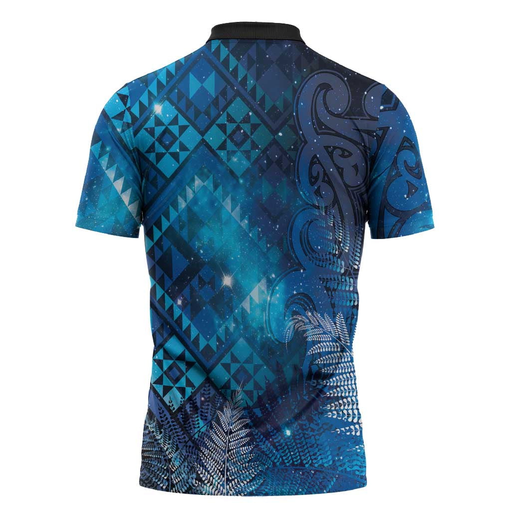 Aotearoa Taniko Matariki Zipper Polo Shirt Cosmic Blue LT7 - Polynesian Pride