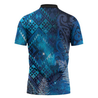 Aotearoa Taniko Matariki Zipper Polo Shirt Cosmic Blue LT7 - Polynesian Pride