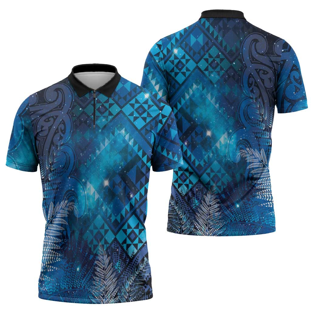 Aotearoa Taniko Matariki Zipper Polo Shirt Cosmic Blue LT7 - Polynesian Pride