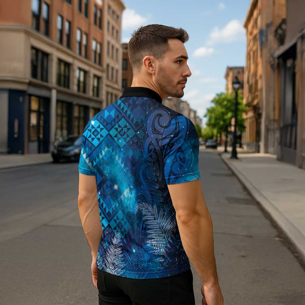 Aotearoa Taniko Matariki Zipper Polo Shirt Cosmic Blue LT7 - Polynesian Pride