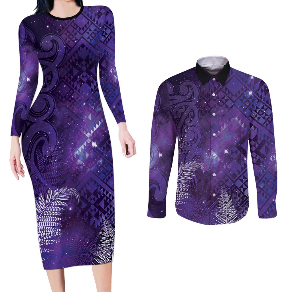 Aotearoa Taniko Matariki Couples Matching Long Sleeve Bodycon Dress and Long Sleeve Button Shirt Cosmic Violet LT7 Purple - Polynesian Pride