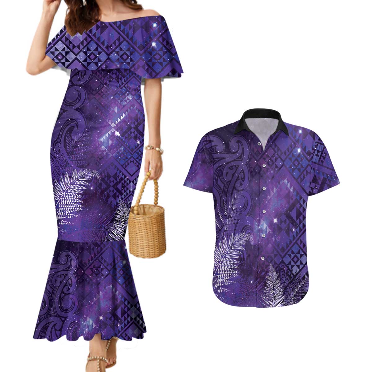 Aotearoa Taniko Matariki Couples Matching Mermaid Dress and Hawaiian Shirt Cosmic Violet LT7 Purple - Polynesian Pride