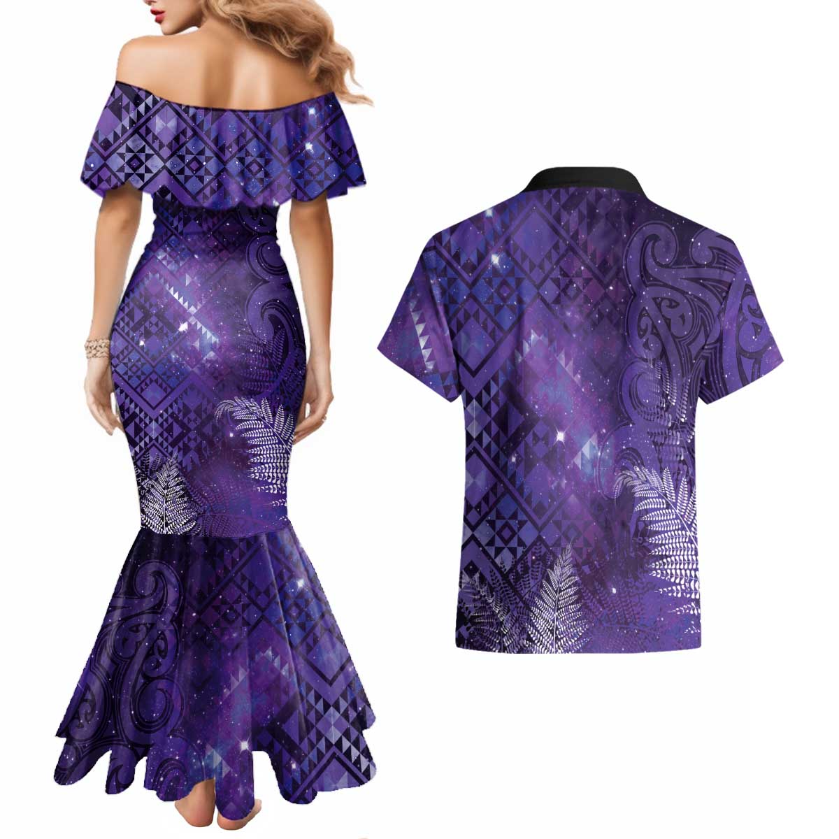 Aotearoa Taniko Matariki Couples Matching Mermaid Dress and Hawaiian Shirt Cosmic Violet LT7 - Polynesian Pride