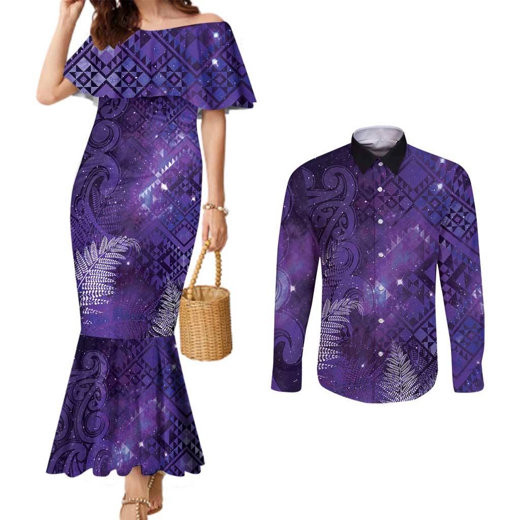 Aotearoa Taniko Matariki Couples Matching Mermaid Dress and Long Sleeve Button Shirt Cosmic Violet LT7 Purple - Polynesian Pride