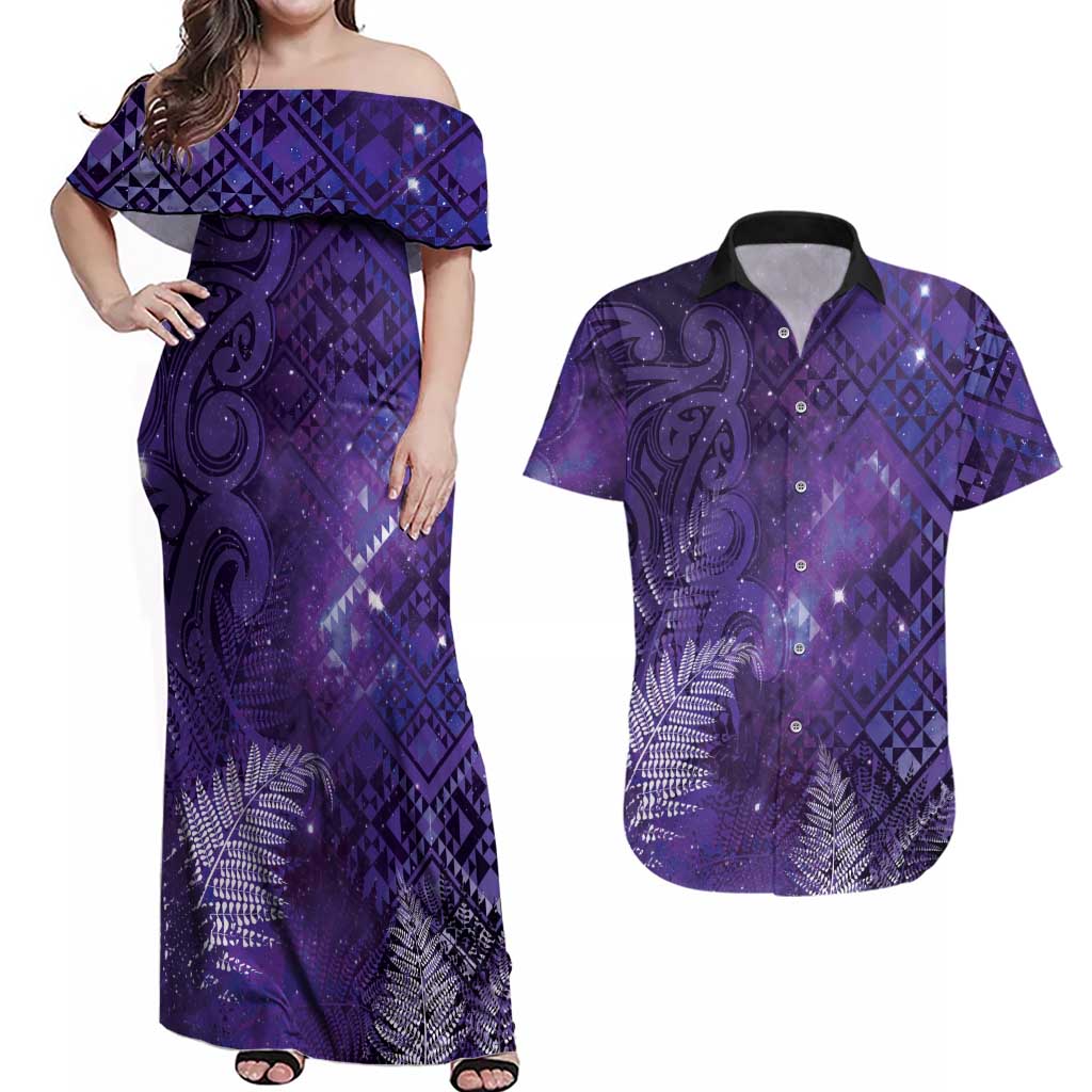 Aotearoa Taniko Matariki Couples Matching Off Shoulder Maxi Dress and Hawaiian Shirt Cosmic Violet LT7 Purple - Polynesian Pride