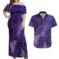 Aotearoa Taniko Matariki Couples Matching Off Shoulder Maxi Dress and Hawaiian Shirt Cosmic Violet LT7 Purple - Polynesian Pride
