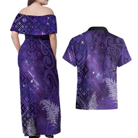 Aotearoa Taniko Matariki Couples Matching Off Shoulder Maxi Dress and Hawaiian Shirt Cosmic Violet LT7 - Polynesian Pride