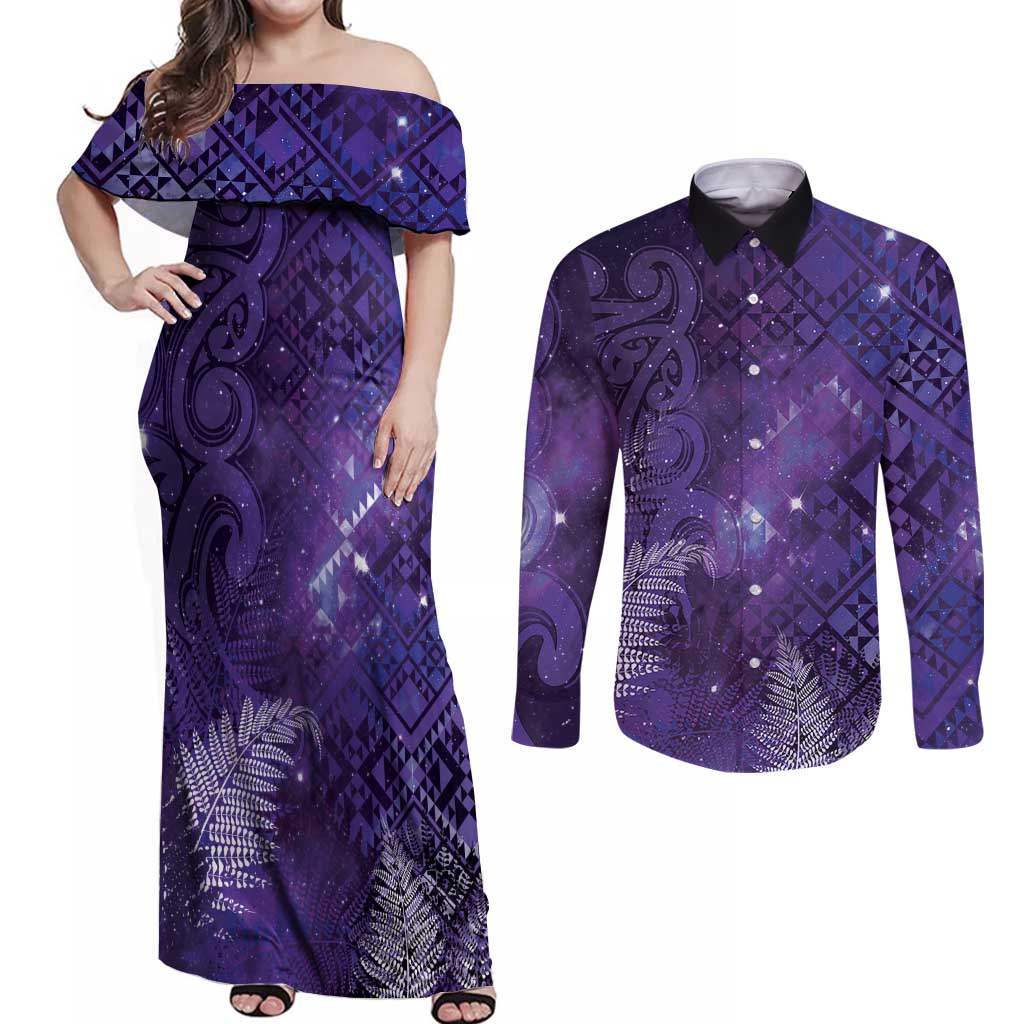 Aotearoa Taniko Matariki Couples Matching Off Shoulder Maxi Dress and Long Sleeve Button Shirt Cosmic Violet LT7 Purple - Polynesian Pride