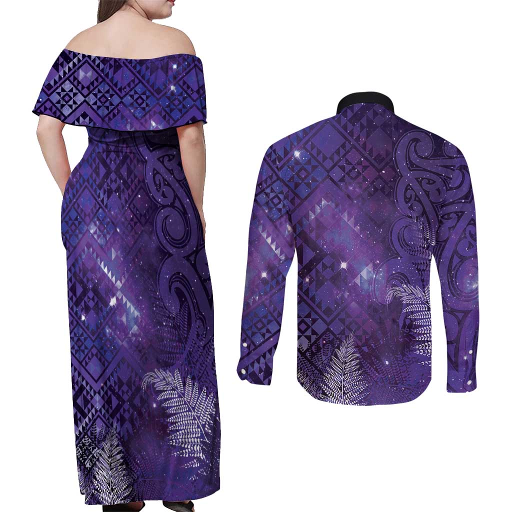 Aotearoa Taniko Matariki Couples Matching Off Shoulder Maxi Dress and Long Sleeve Button Shirt Cosmic Violet LT7 - Polynesian Pride