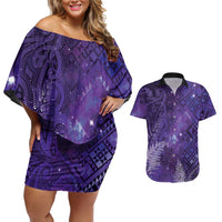 Aotearoa Taniko Matariki Couples Matching Off Shoulder Short Dress and Hawaiian Shirt Cosmic Violet LT7 Purple - Polynesian Pride