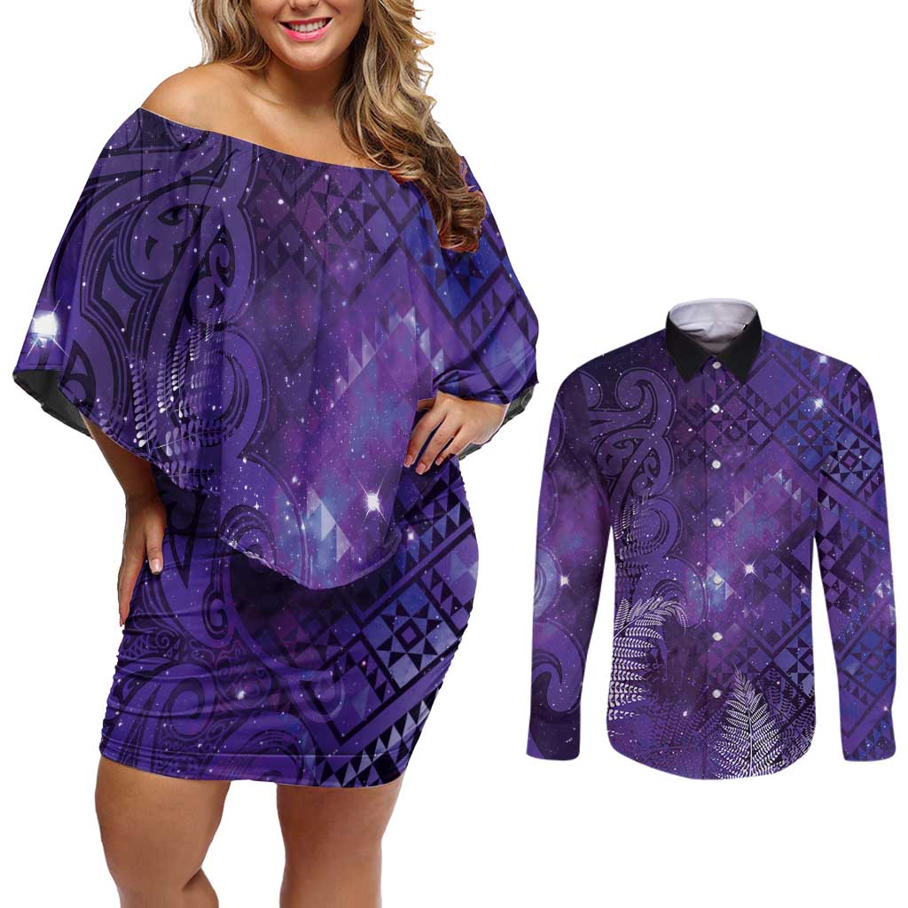 Aotearoa Taniko Matariki Couples Matching Off Shoulder Short Dress and Long Sleeve Button Shirt Cosmic Violet LT7 Purple - Polynesian Pride