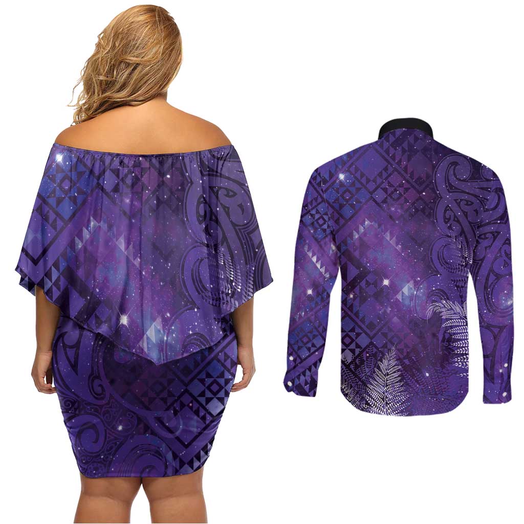 Aotearoa Taniko Matariki Couples Matching Off Shoulder Short Dress and Long Sleeve Button Shirt Cosmic Violet LT7 - Polynesian Pride