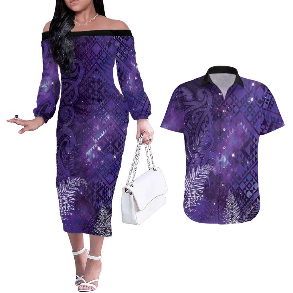 Aotearoa Taniko Matariki Couples Matching Off The Shoulder Long Sleeve Dress and Hawaiian Shirt Cosmic Violet LT7 Purple - Polynesian Pride