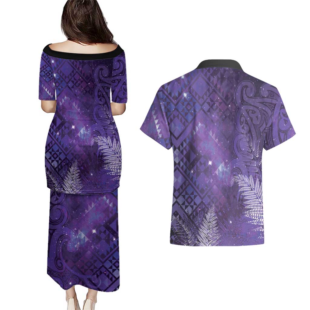 Aotearoa Taniko Matariki Couples Matching Puletasi and Hawaiian Shirt Cosmic Violet LT7 - Polynesian Pride