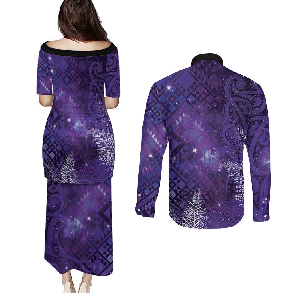 Aotearoa Taniko Matariki Couples Matching Puletasi and Long Sleeve Button Shirt Cosmic Violet LT7 - Polynesian Pride