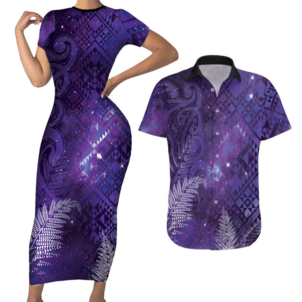 Aotearoa Taniko Matariki Couples Matching Short Sleeve Bodycon Dress and Hawaiian Shirt Cosmic Violet LT7 Purple - Polynesian Pride