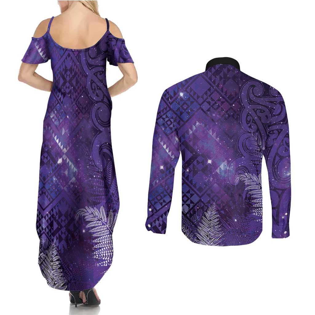 Aotearoa Taniko Matariki Couples Matching Summer Maxi Dress and Long Sleeve Button Shirt Cosmic Violet LT7 - Polynesian Pride