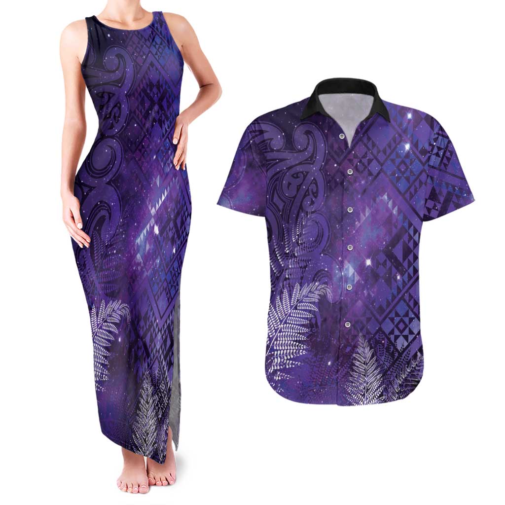Aotearoa Taniko Matariki Couples Matching Tank Maxi Dress and Hawaiian Shirt Cosmic Violet LT7 Purple - Polynesian Pride