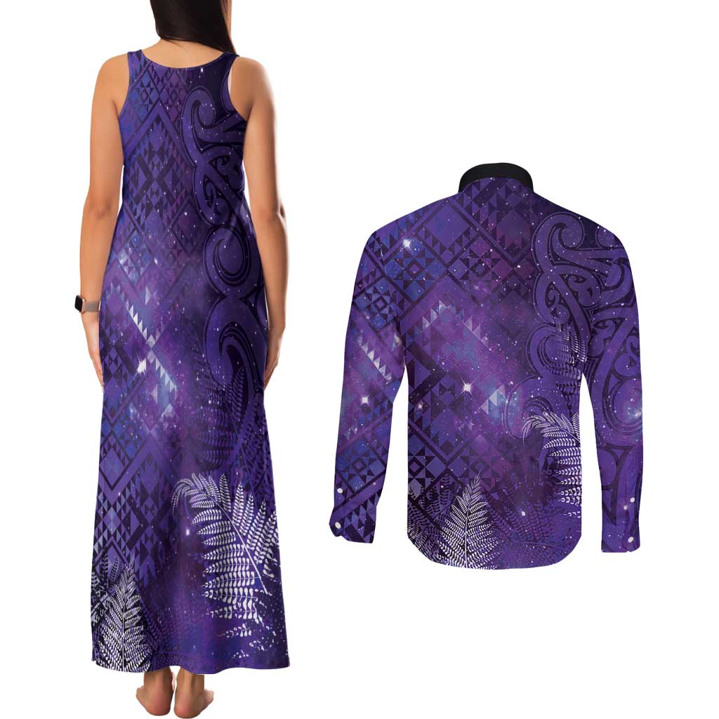 Aotearoa Taniko Matariki Couples Matching Tank Maxi Dress and Long Sleeve Button Shirt Cosmic Violet LT7 - Polynesian Pride