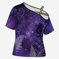 Aotearoa Taniko Matariki Cross Shoulder Shirt Cosmic Violet LT7 Female Purple - Polynesian Pride