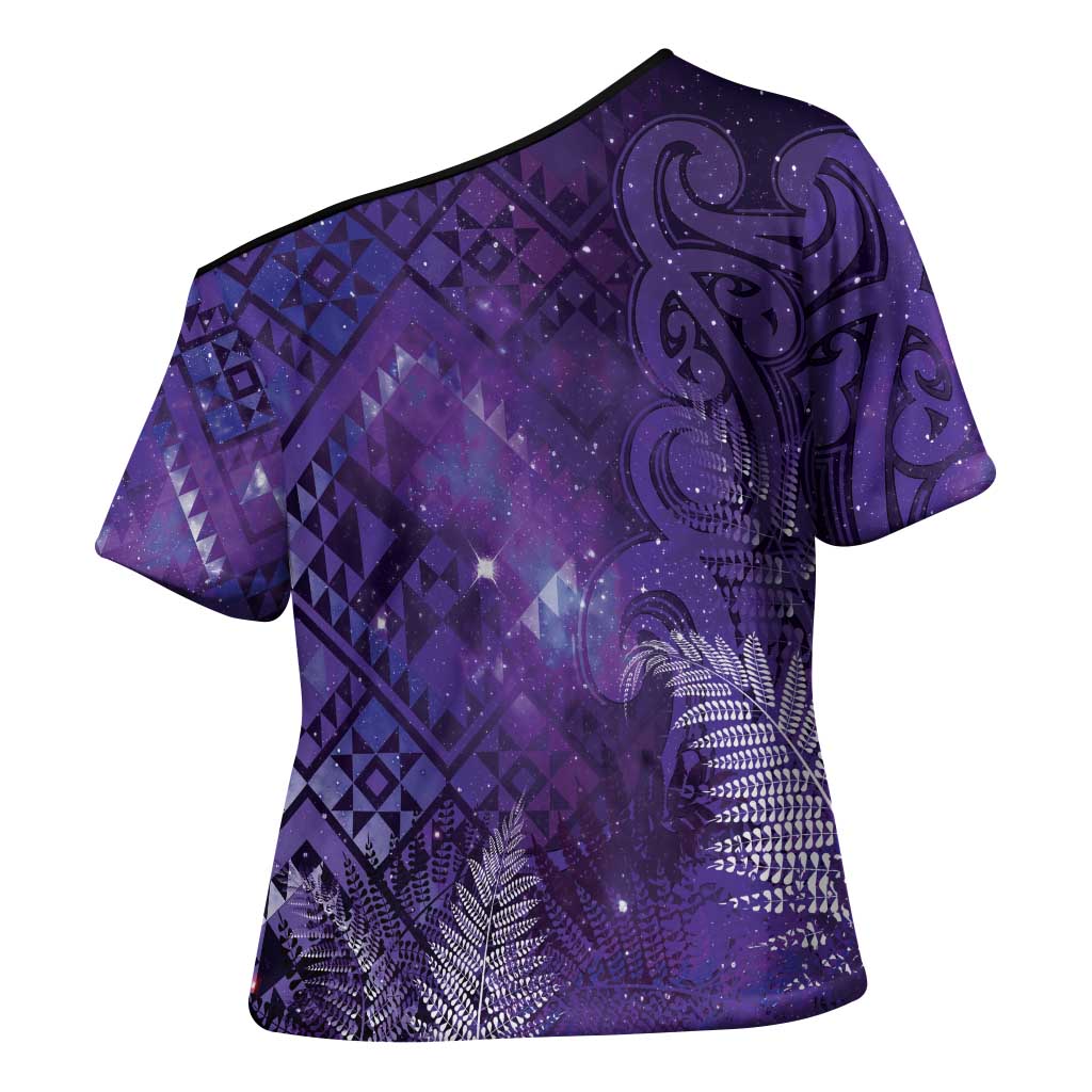 Aotearoa Taniko Matariki Cross Shoulder Shirt Cosmic Violet LT7 - Polynesian Pride