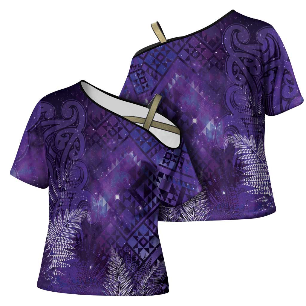 Aotearoa Taniko Matariki Cross Shoulder Shirt Cosmic Violet LT7 - Polynesian Pride