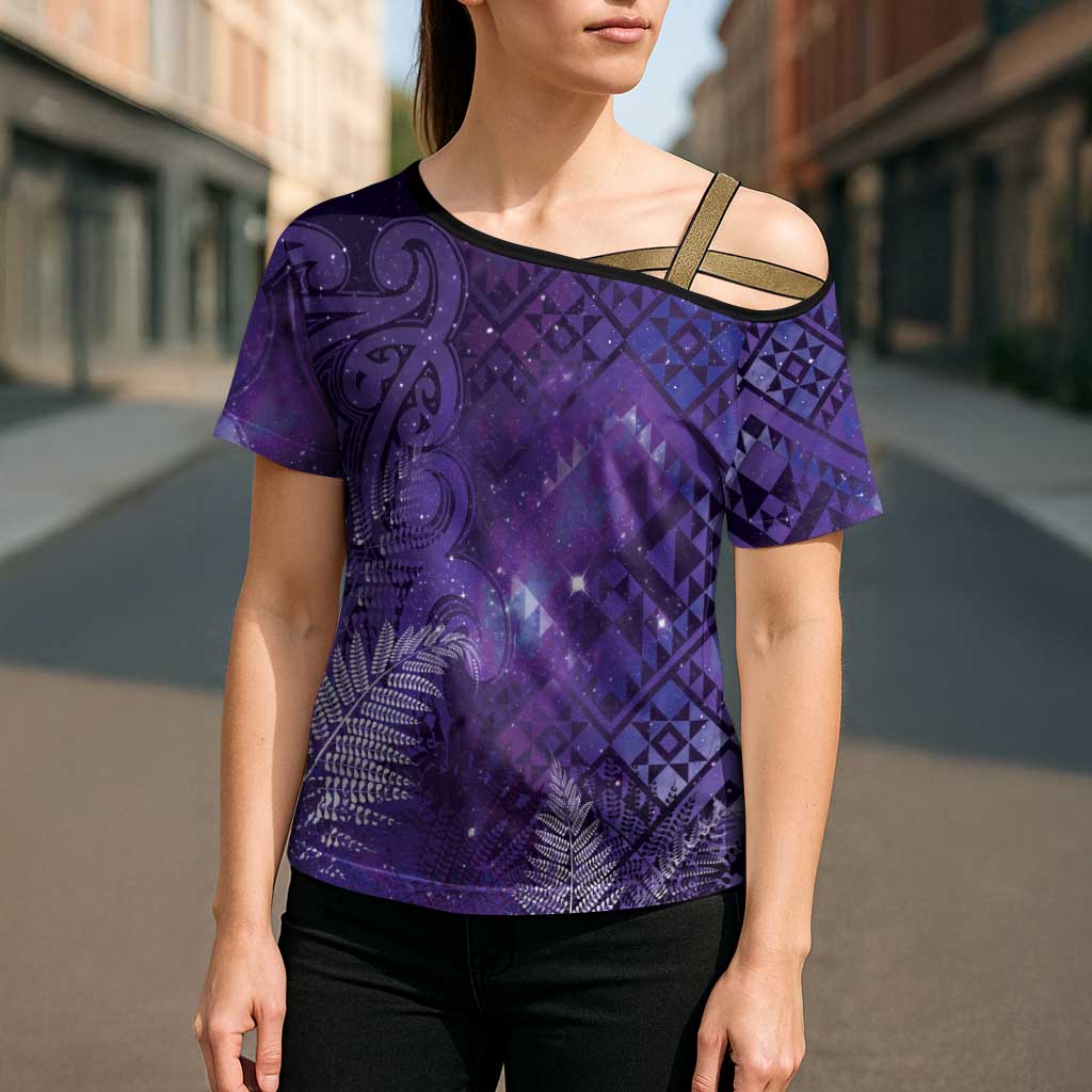 Aotearoa Taniko Matariki Cross Shoulder Shirt Cosmic Violet LT7 - Polynesian Pride