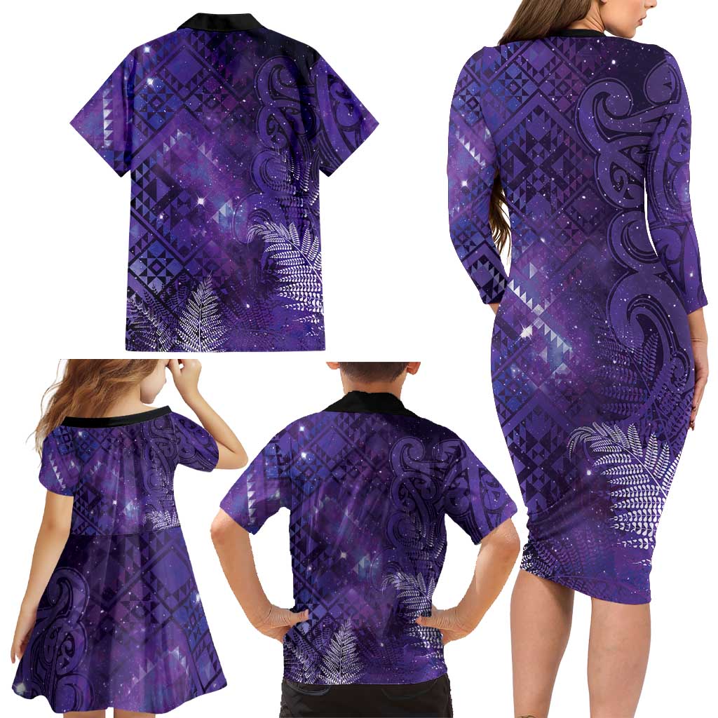 Aotearoa Taniko Matariki Family Matching Long Sleeve Bodycon Dress and Hawaiian Shirt Cosmic Violet