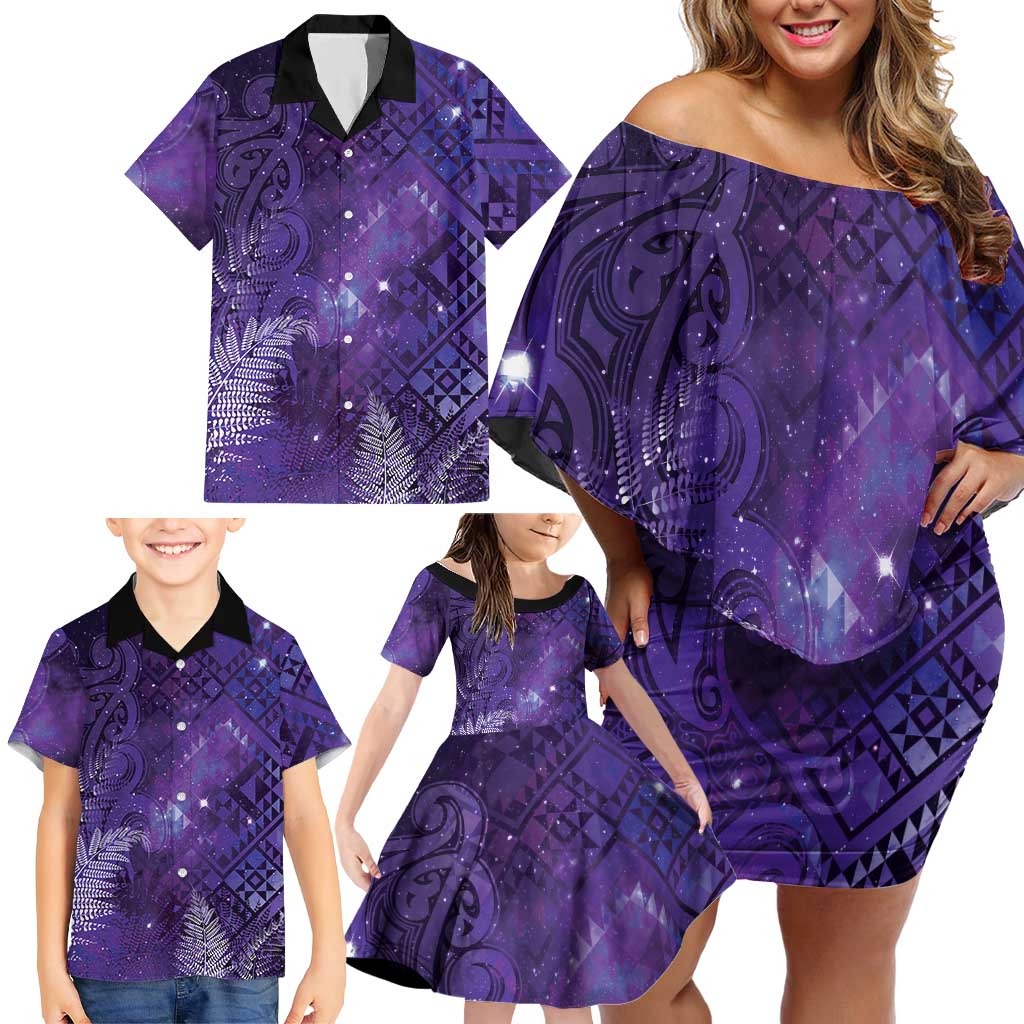 Aotearoa Taniko Matariki Family Matching Off Shoulder Short Dress and Hawaiian Shirt Cosmic Violet LT7 - Polynesian Pride