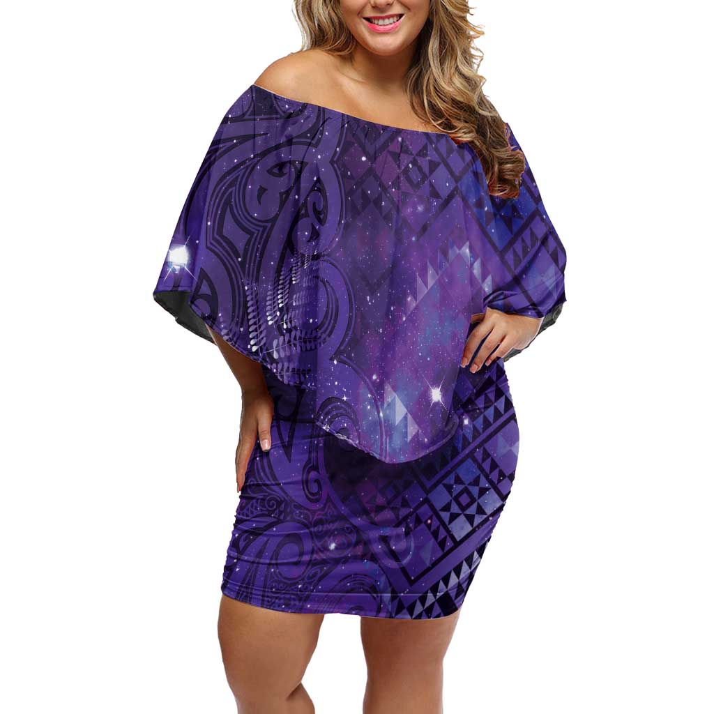 Aotearoa Taniko Matariki Family Matching Off Shoulder Short Dress and Hawaiian Shirt Cosmic Violet LT7 Mom's Dress Purple - Polynesian Pride