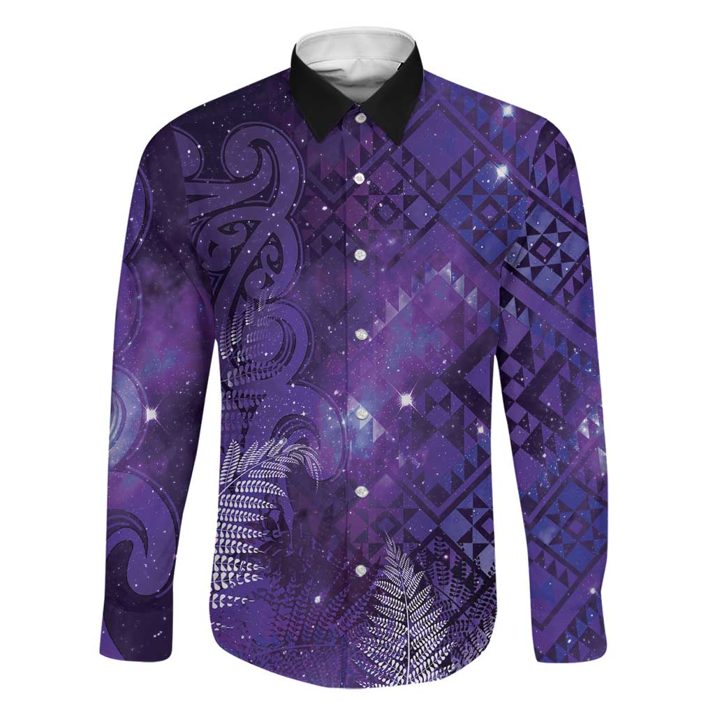 Aotearoa Taniko Matariki Family Matching Puletasi and Hawaiian Shirt Cosmic Violet LT7 Dad's Shirt - Long Sleeve Purple - Polynesian Pride