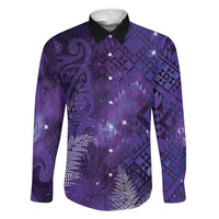 Aotearoa Taniko Matariki Family Matching Puletasi and Hawaiian Shirt Cosmic Violet LT7 Dad's Shirt - Long Sleeve Purple - Polynesian Pride