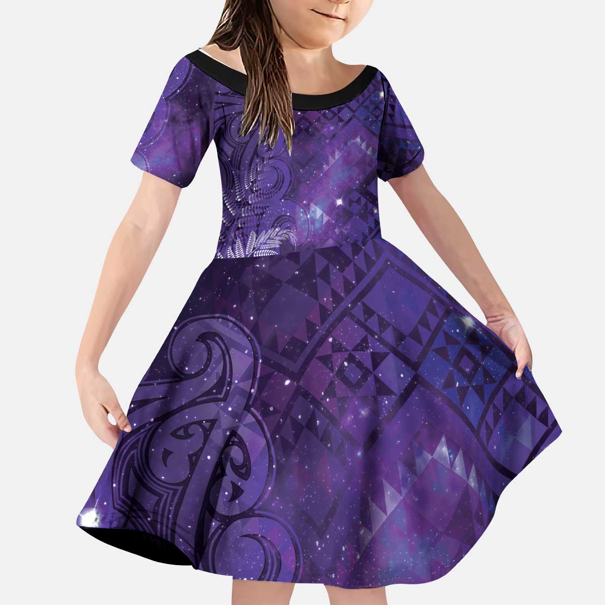 Aotearoa Taniko Matariki Kid Short Sleeve Dress Cosmic Violet LT7 KID Purple - Polynesian Pride