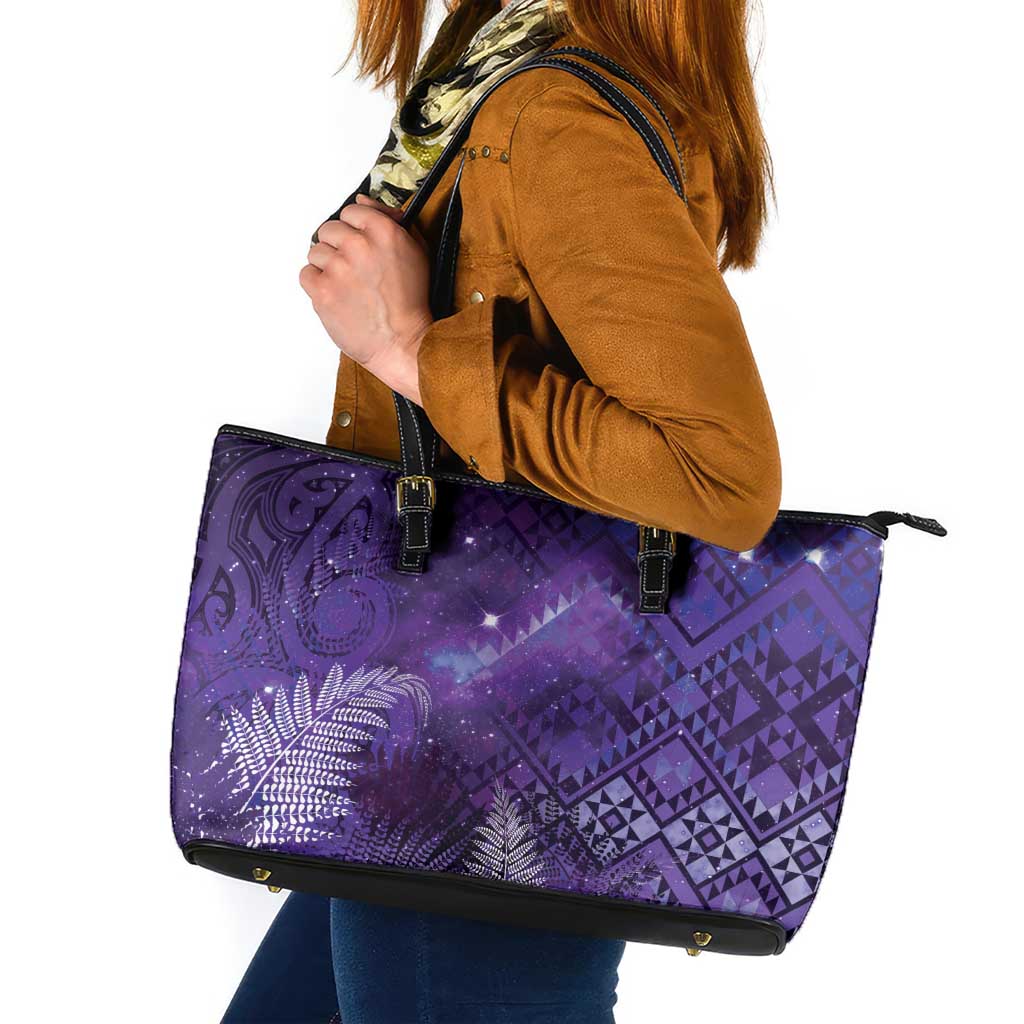 Aotearoa Taniko Matariki Leather Tote Bag Cosmic Violet LT7 Purple - Polynesian Pride