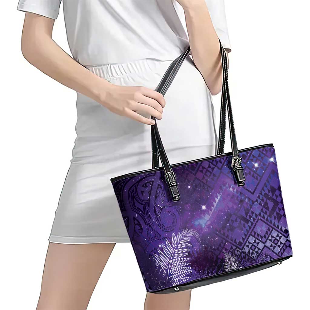 Aotearoa Taniko Matariki Leather Tote Bag Cosmic Violet LT7 - Polynesian Pride