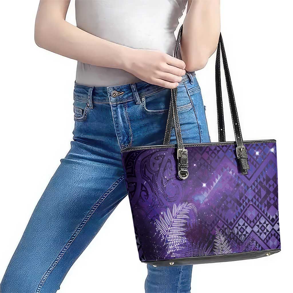 Aotearoa Taniko Matariki Leather Tote Bag Cosmic Violet LT7 - Polynesian Pride