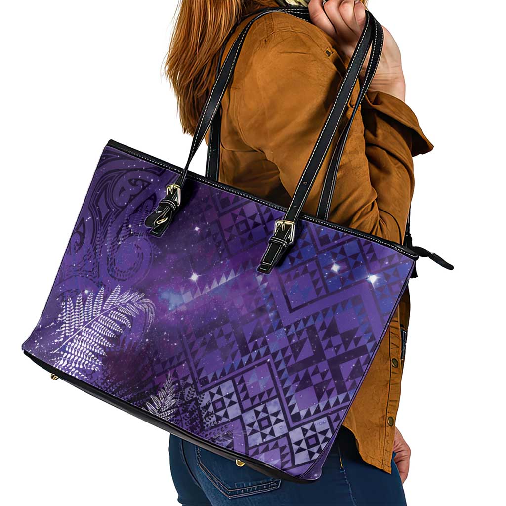 Aotearoa Taniko Matariki Leather Tote Bag Cosmic Violet LT7 - Polynesian Pride