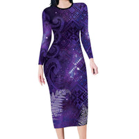 Aotearoa Taniko Matariki Long Sleeve Bodycon Dress Cosmic Violet LT7 Long Dress Purple - Polynesian Pride