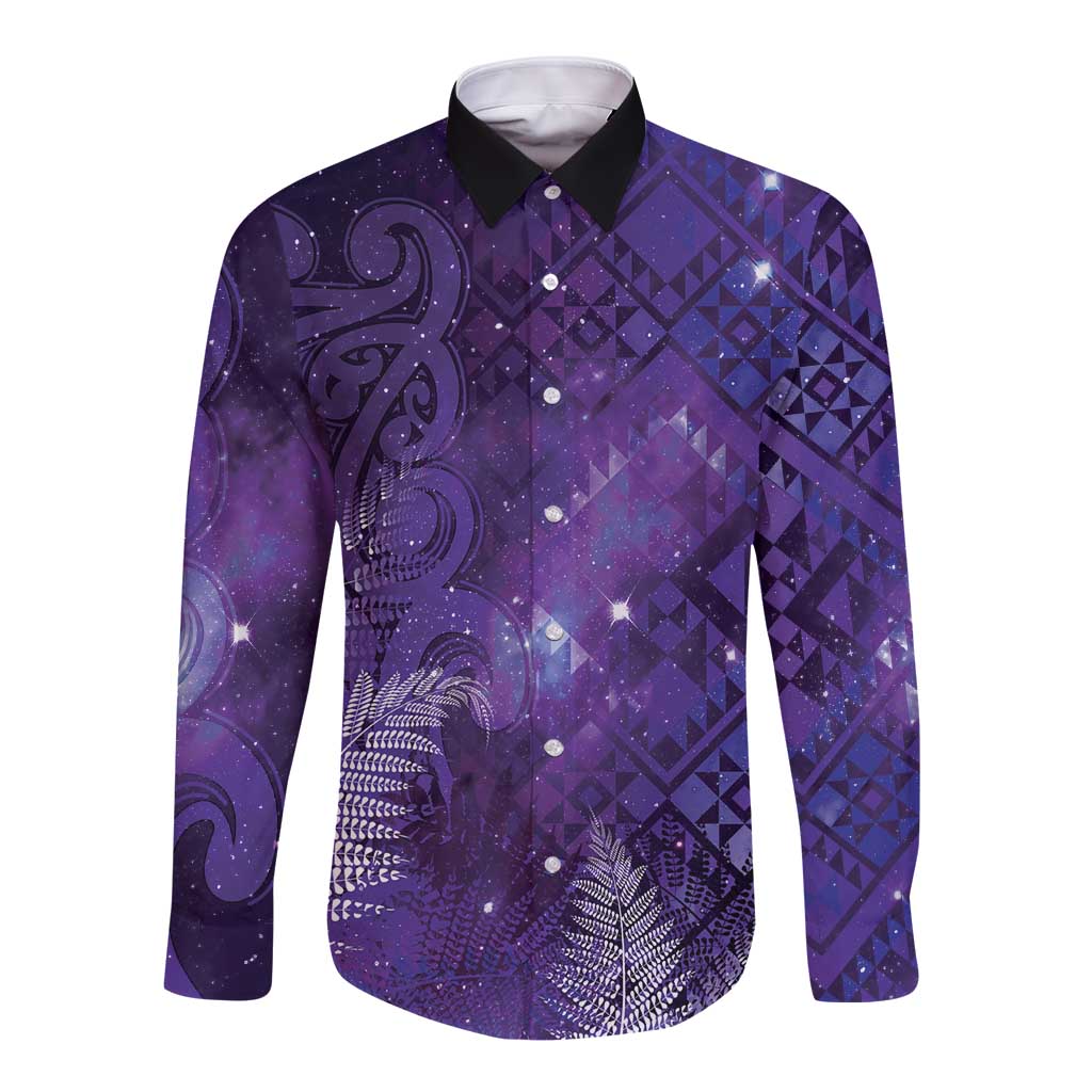 Aotearoa Taniko Matariki Long Sleeve Button Shirt Cosmic Violet LT7 Unisex Purple - Polynesian Pride