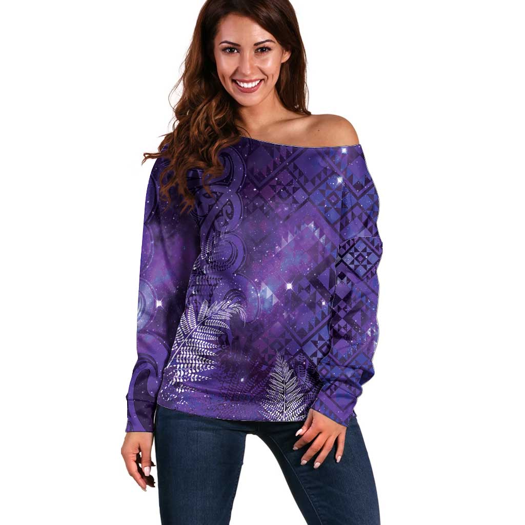 Aotearoa Taniko Matariki Off Shoulder Sweater Cosmic Violet LT7 Women Purple - Polynesian Pride